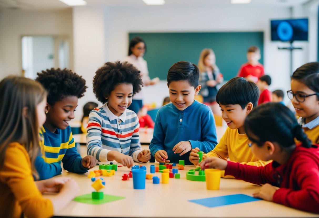 A group of children engage in various activities, such as playing games and working on collaborative projects, while interacting and communicating with each other