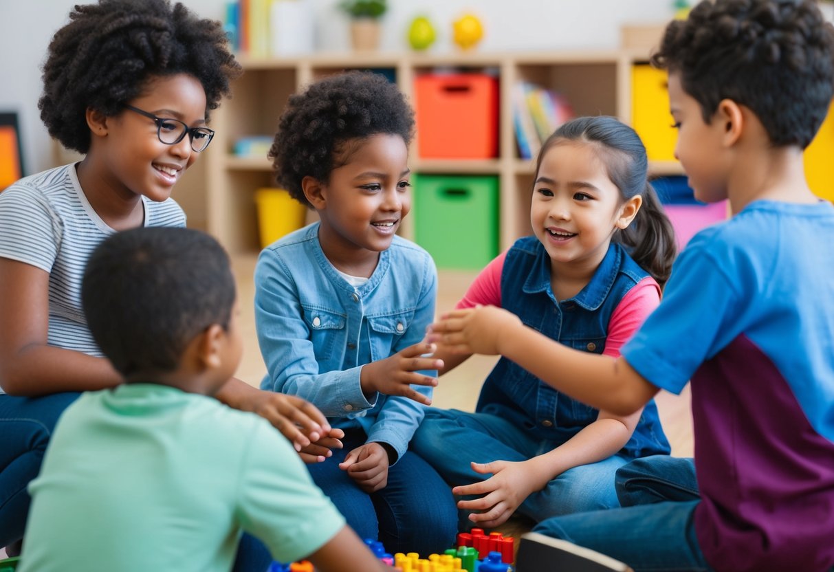 A group of children playing and interacting in a diverse and inclusive environment, showing empathy, communication, and teamwork skills