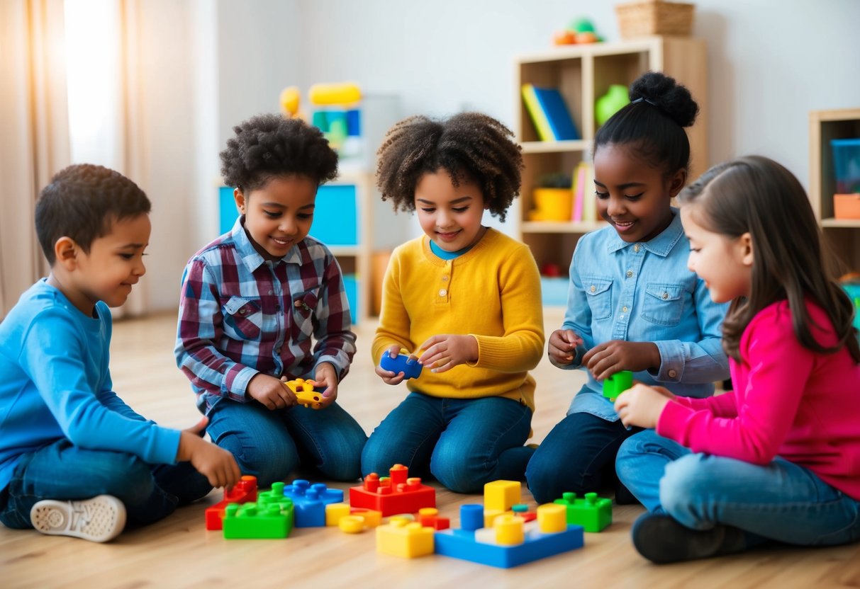 A group of children engaged in various social activities, such as playing games, sharing toys, and taking turns. They are interacting and communicating with each other, demonstrating their social skills