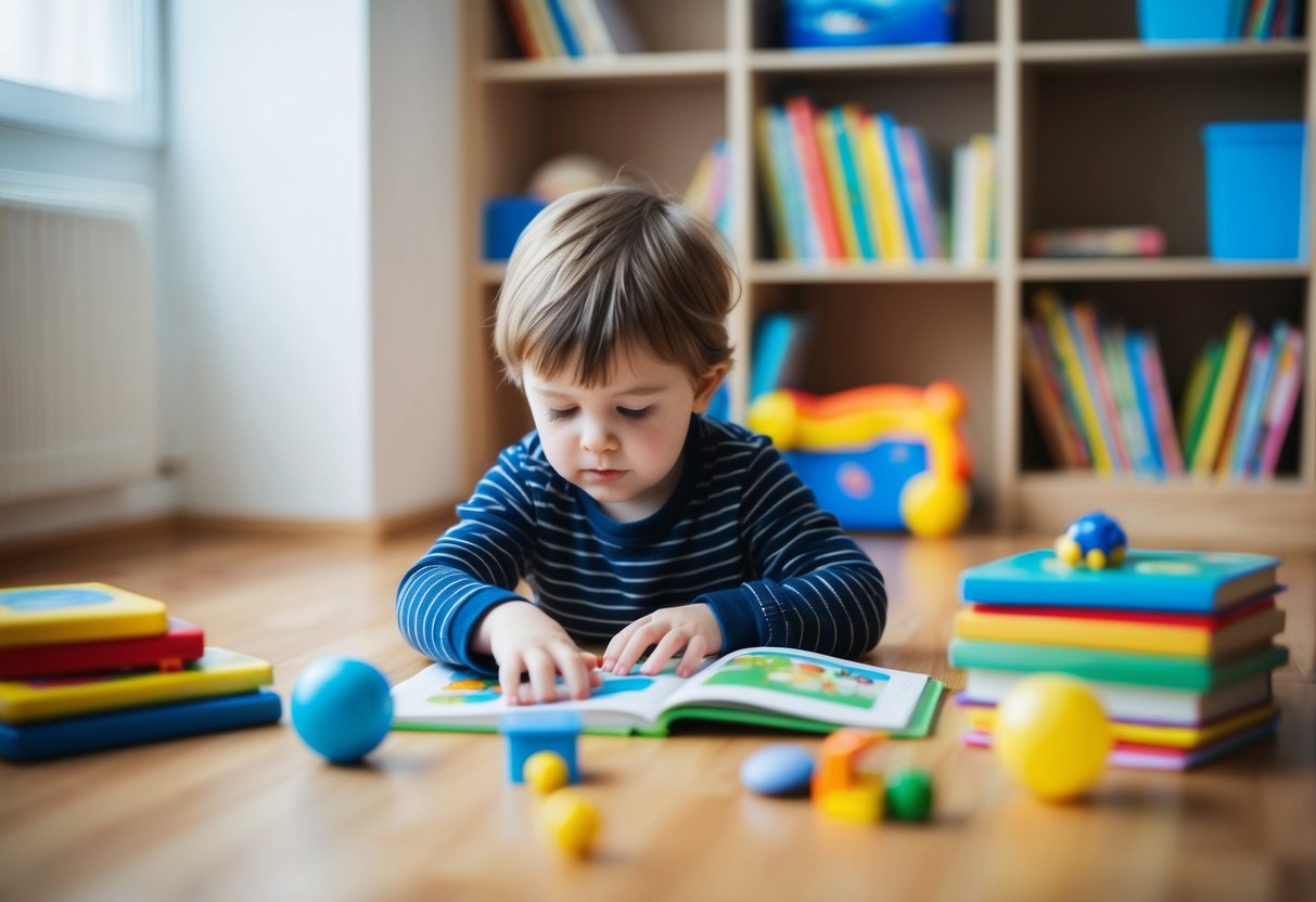 A child playing alone in a room, surrounded by toys and books. The child seems focused on a specific activity, showing repetitive behavior and little interest in interacting with others