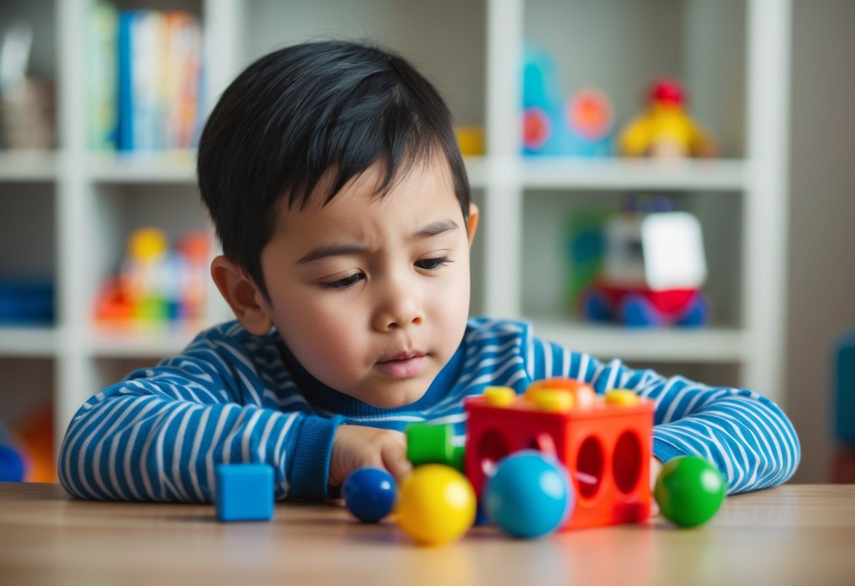 A child playing alone, fixated on a specific toy. They show little interest in social interaction and struggle with communication