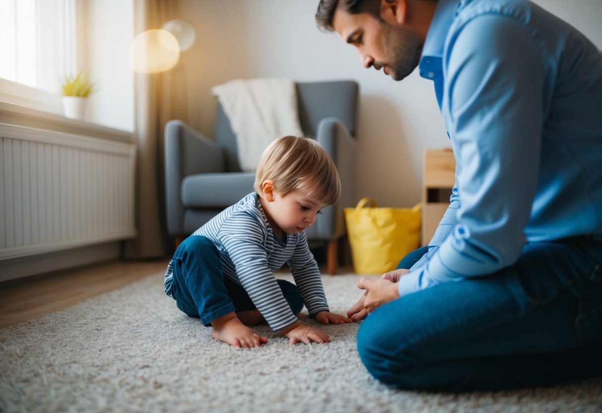 A child playing alone in a room, avoiding eye contact and showing repetitive behaviors. A parent observing with concern, seeking professional help