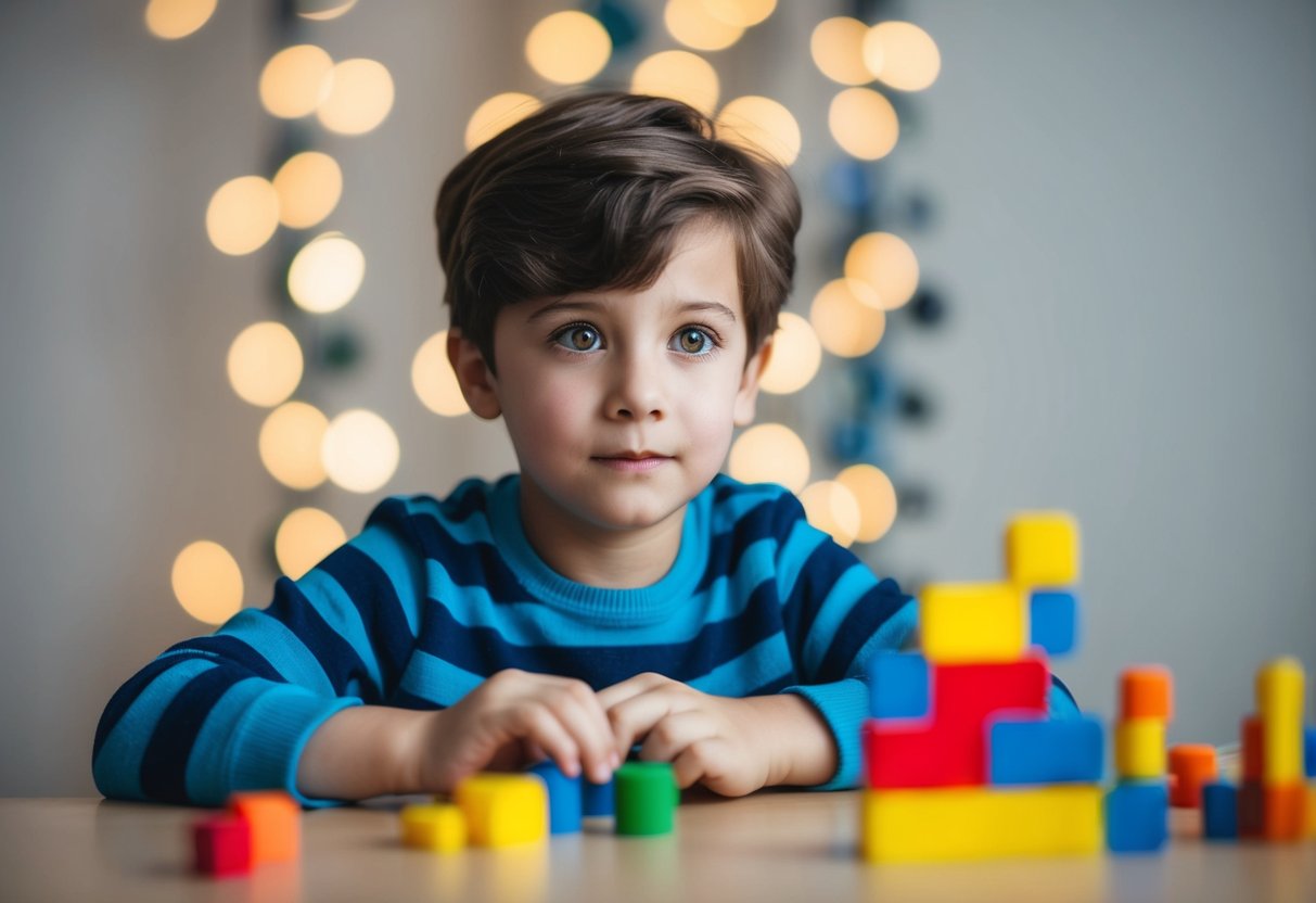 A child with autism showing difficulty in social interaction, repetitive behavior, and communication challenges. Illustrate a child engaged in solitary activities with minimal eye contact