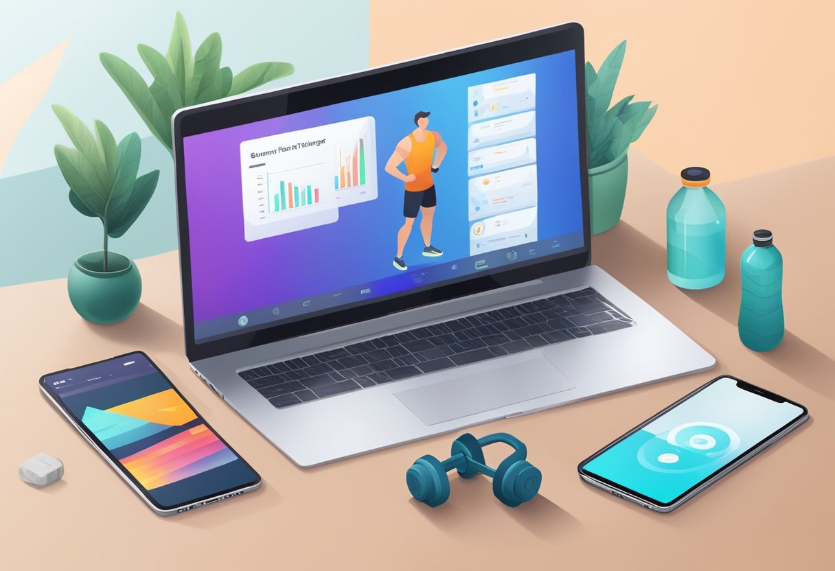 A laptop with a fitness app open, surrounded by workout equipment and a water bottle. The screen shows a virtual personal trainer leading a workout