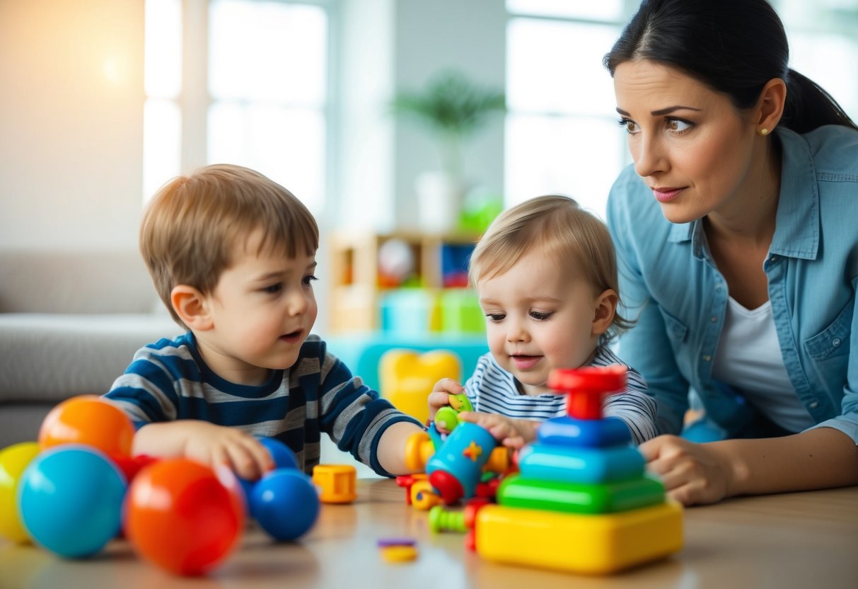 A child playing with toys, while a concerned parent observes nearby