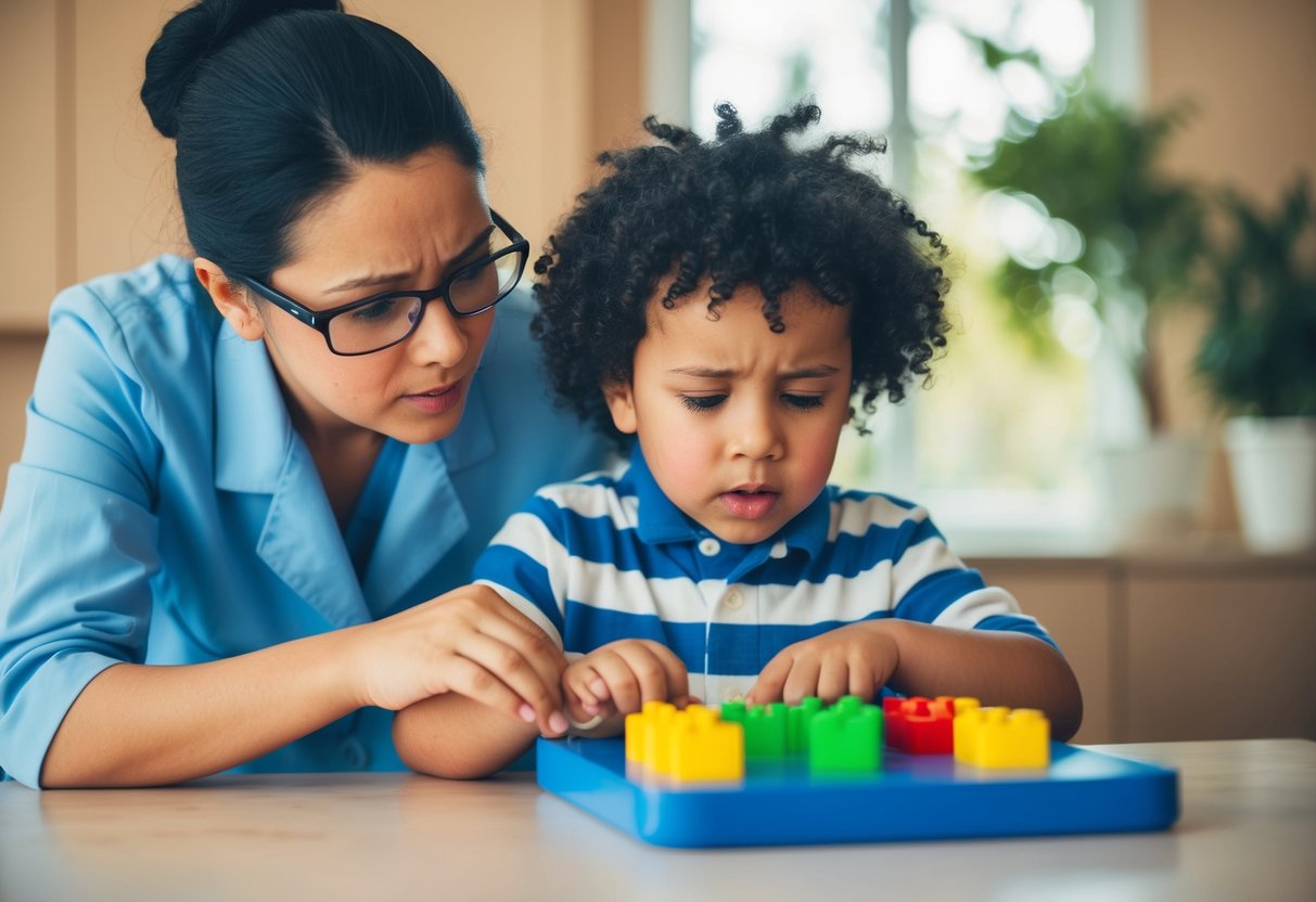 A child with autism engages in repetitive behaviors. The caregiver observes closely, looking for early signs and reacting promptly