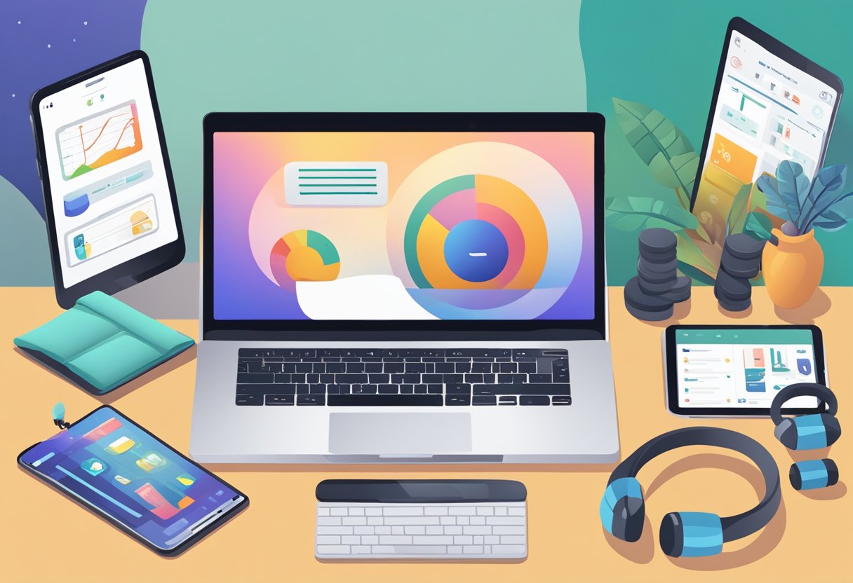 An open laptop displaying a variety of fitness apps and websites, surrounded by weights, resistance bands, and a yoga mat. A person is seen working out on a screen