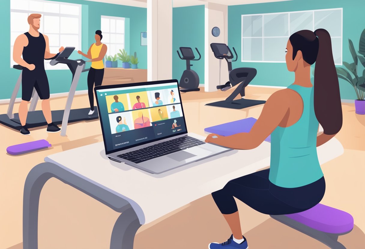 A laptop displaying a virtual fitness training session with a trainer guiding a client through exercises. In the background, a gym with in-person training sessions taking place