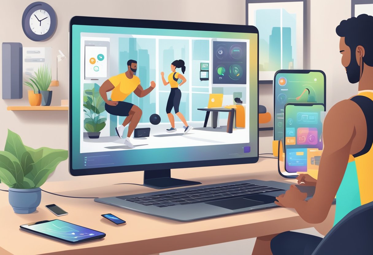 A laptop, tablet, and smartphone are arranged on a sleek desk, displaying fitness apps and workout videos. A virtual personal trainer guides a client through a workout via video call