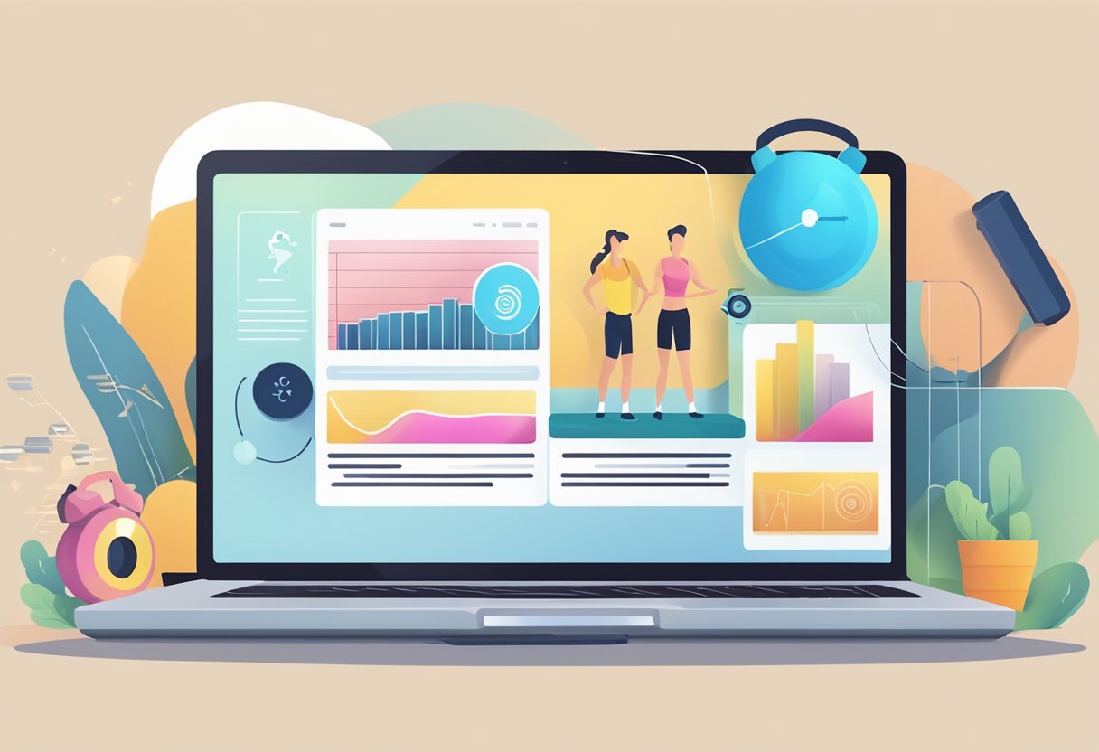 A laptop displaying an online personal training website with fitness equipment in the background