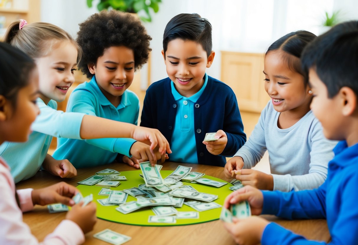 A group of children engaging in various activities related to money management, such as budgeting, saving, and spending, with a focus on hands-on learning and interactive games