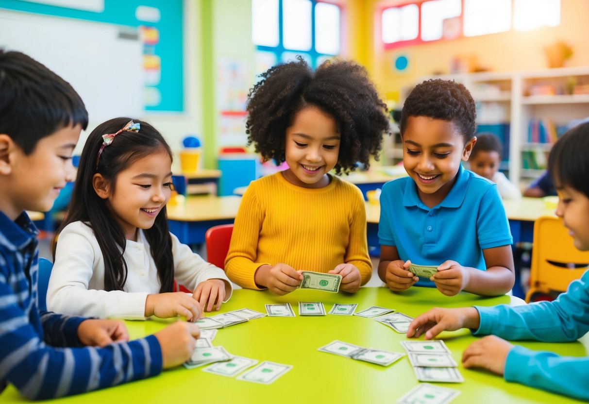 A colorful classroom with children engaged in interactive money management lessons and games