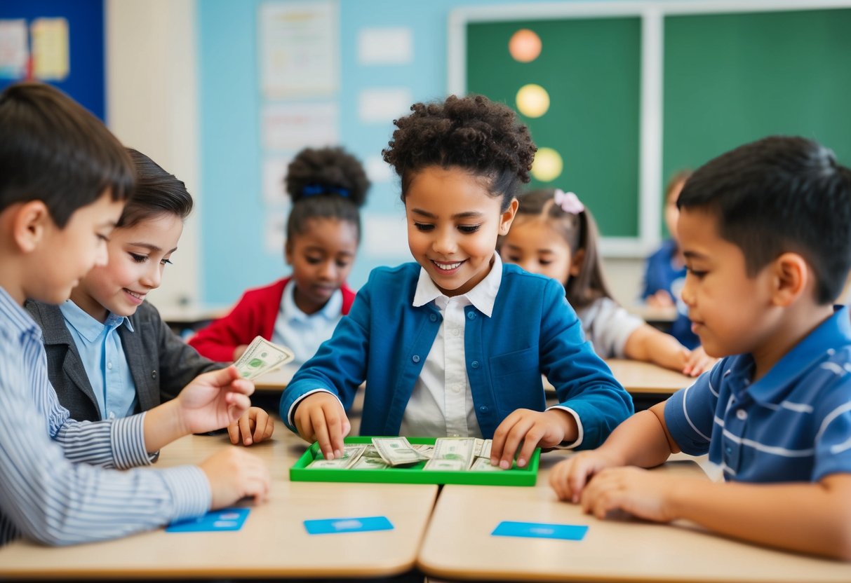 A classroom setting with children engaged in hands-on activities related to money management, such as a board game or interactive lesson