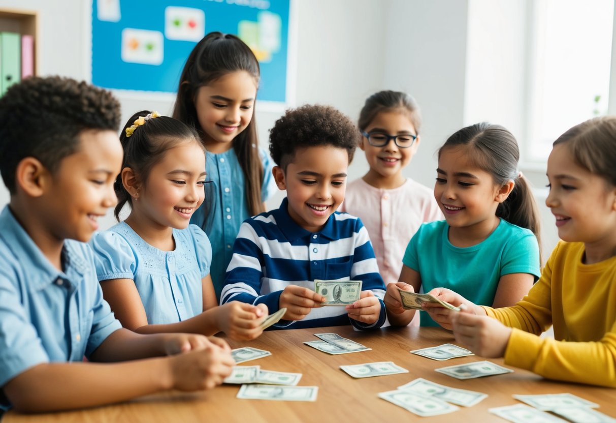 A group of children engaging in interactive money management lessons and games, learning the basics of budgeting and financial responsibility