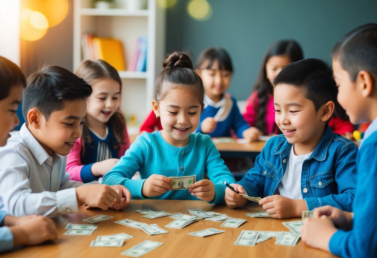 A group of children engage in interactive activities, learning about money management through games and simple lessons