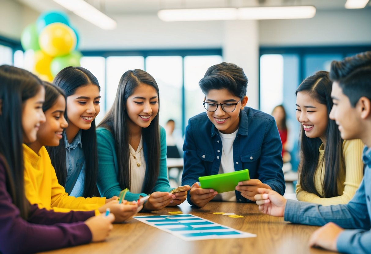 A group of teenagers engaged in interactive financial management lessons and games, learning the principles of investing in a fun and simple way