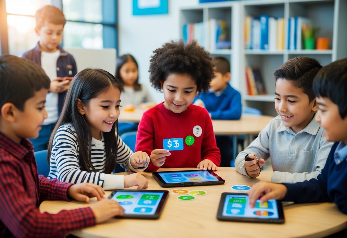 A group of children engaged in interactive financial education activities using digital tools and games