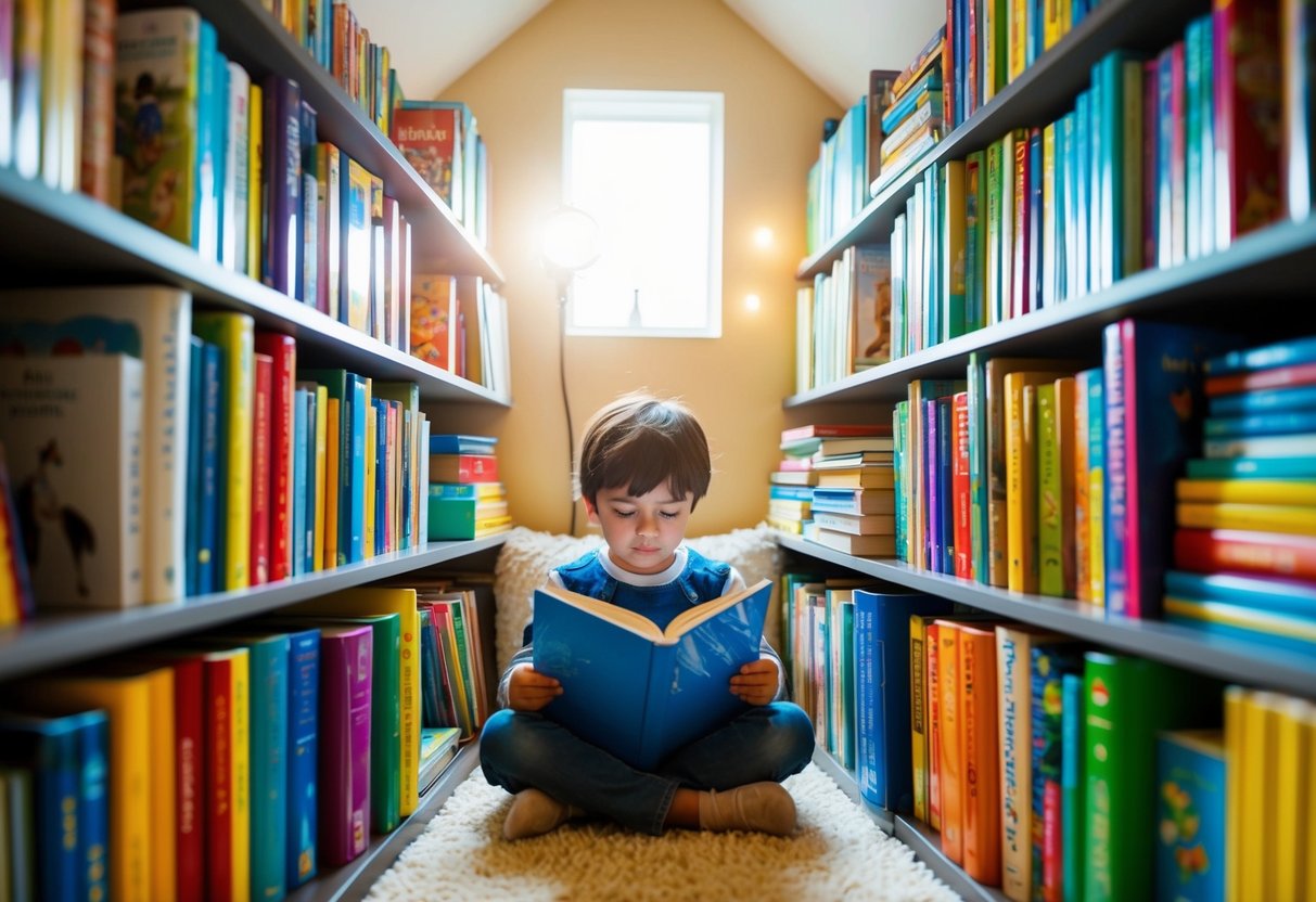 A child surrounded by a variety of colorful and engaging books, sitting in a cozy reading nook with a bright light illuminating the pages