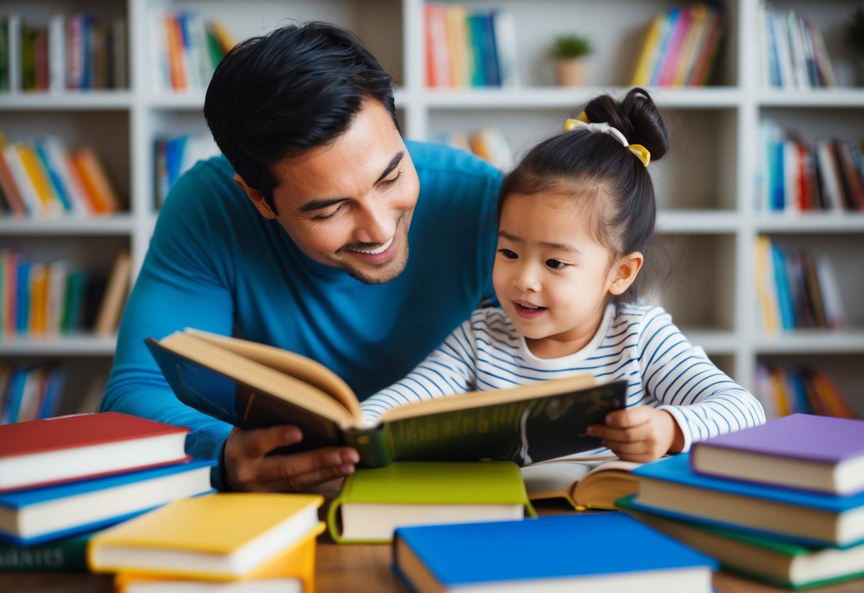 A parent and child surrounded by books, with the parent encouraging the child's interest in reading. The child is engaged and curious, while the parent offers guidance and support