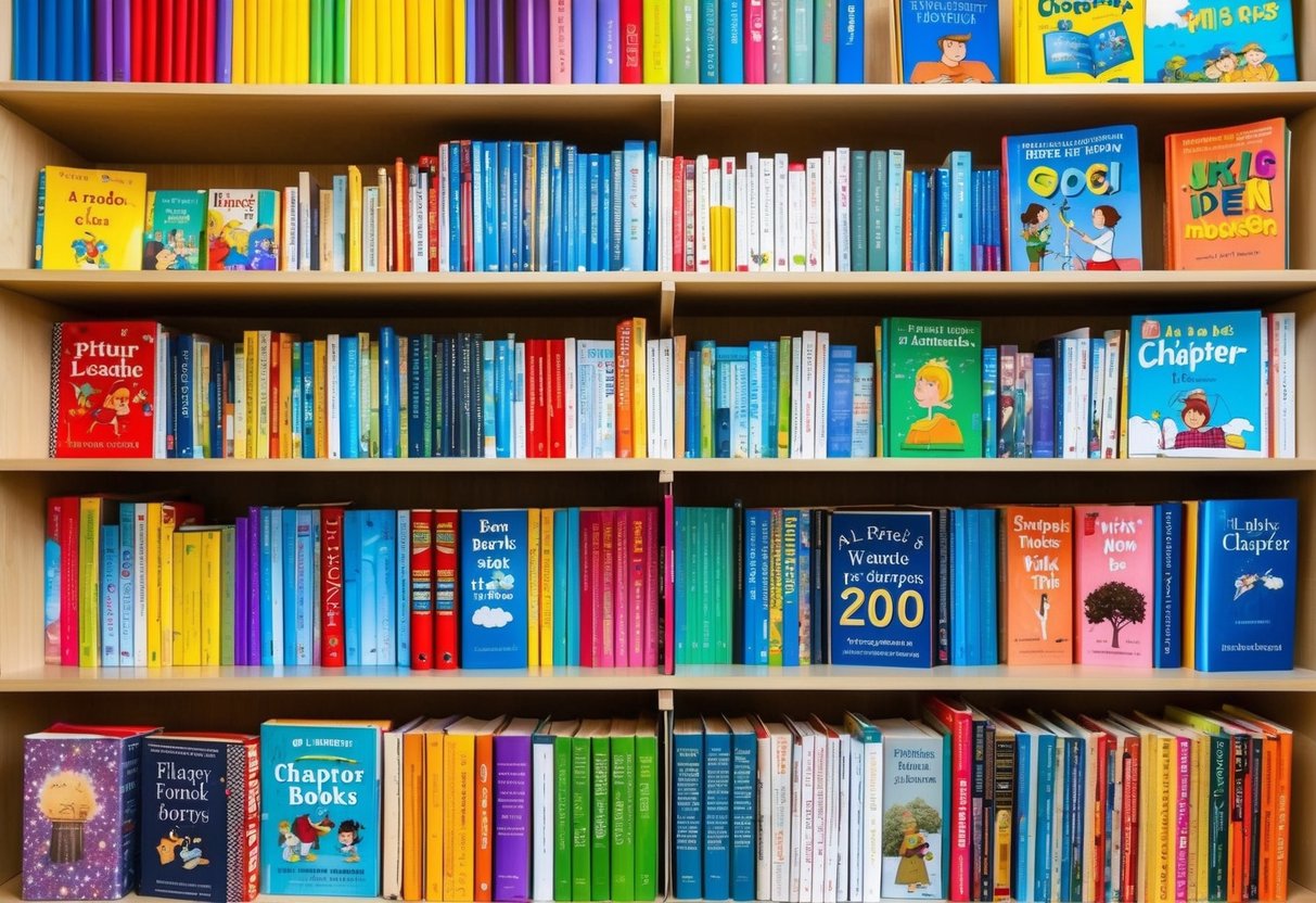 A colorful array of age-appropriate books, from picture books to chapter books, displayed on shelves. Bright, inviting covers and diverse genres cater to varying interests and reading levels