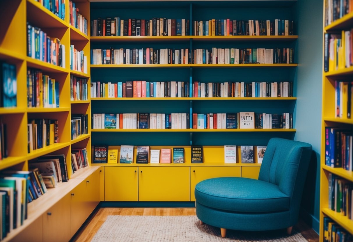 A cozy, well-lit reading corner with a colorful bookshelf, comfortable seating, and a variety of engaging books displayed on low shelves