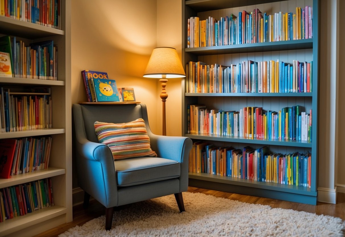 A cozy corner with a bookshelf filled with colorful children's books. A comfortable chair and a soft rug invite readers to sit and explore. A warm lamp provides gentle light for reading