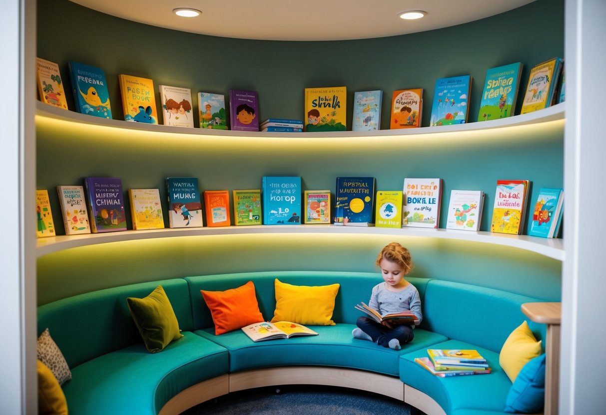 A cozy reading nook with a variety of colorful books displayed on shelves. Soft lighting and comfortable seating invite children to explore and engage with the books