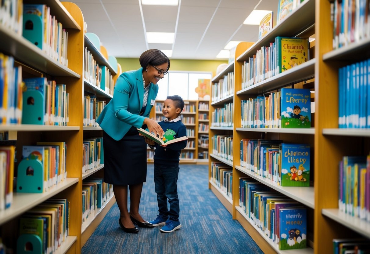 A cozy library with shelves of books, comfortable reading nooks, and colorful displays of children's literature. A friendly librarian helps a child pick out a book