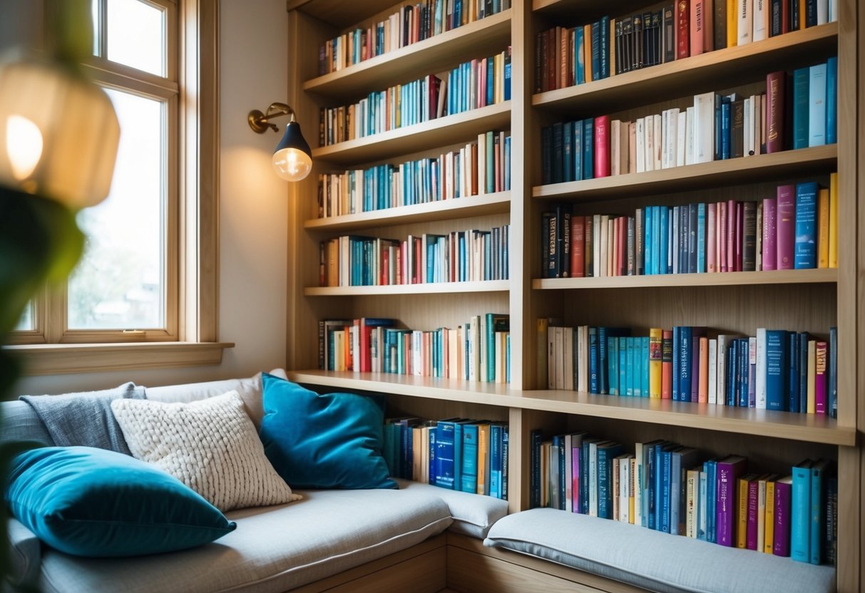 A cozy, well-lit reading nook with a variety of colorful and engaging books displayed on shelves and a comfortable seating area with soft cushions and blankets