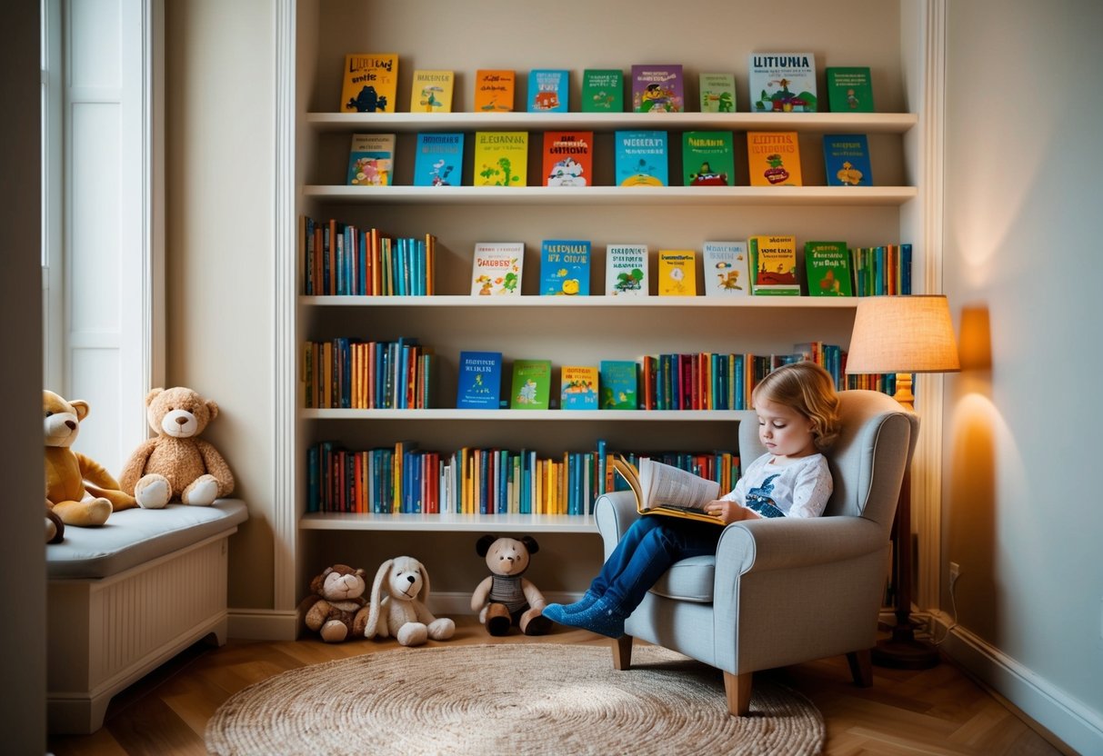 A cozy reading nook with a shelf filled with colorful Lithuanian children's books. A child sits in a comfortable chair, engrossed in a story, surrounded by plush toys and a warm lamp