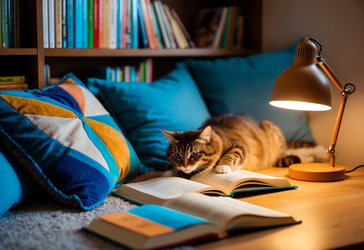 A cozy reading nook with colorful books, soft cushions, and a warm lamp. A child's hand reaches for a book, while a cat lounges nearby