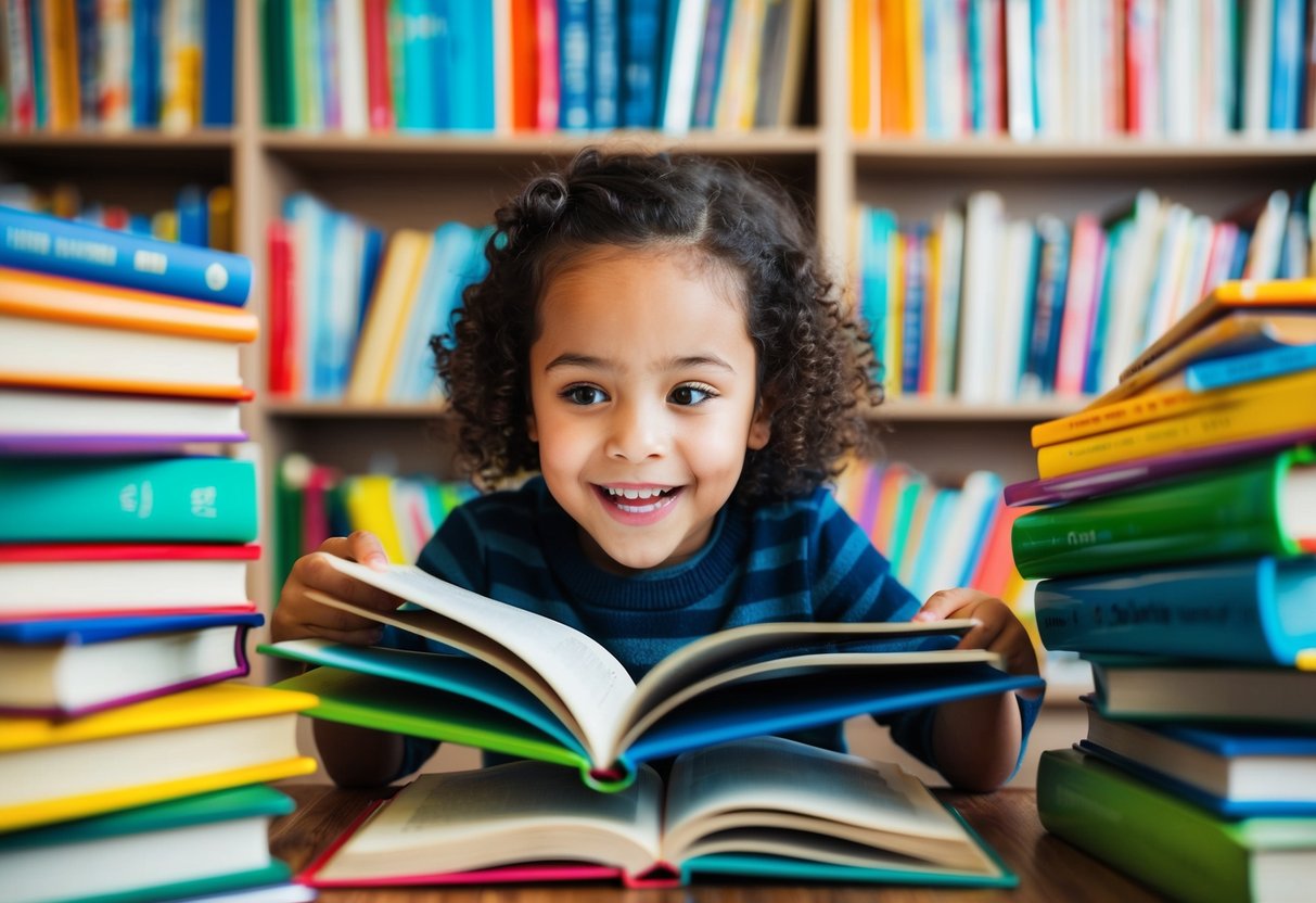 A child surrounded by a variety of colorful and engaging books, eagerly flipping through pages with a look of curiosity and excitement on their face