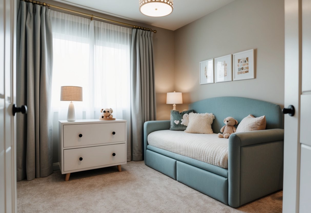 A cozy child's bedroom with soft, padded furniture, rounded corners, and safety features like drawer locks and outlet covers