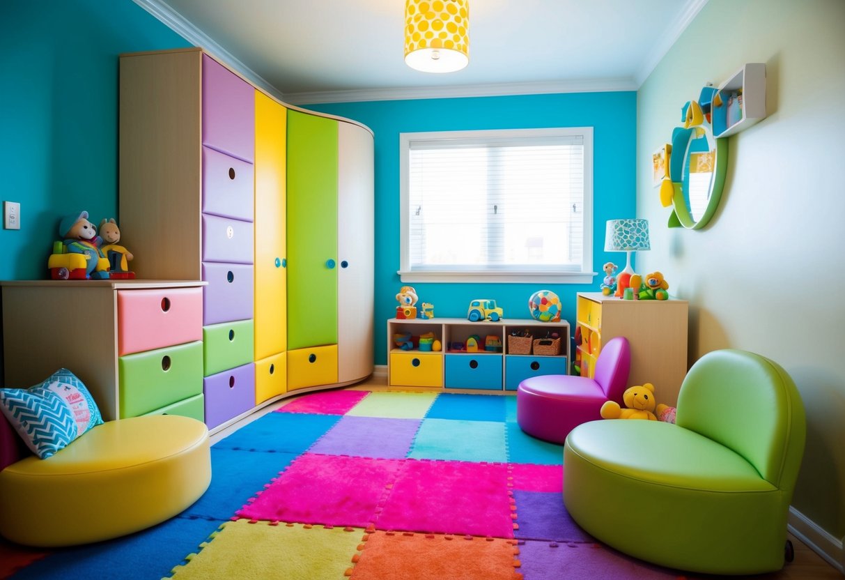 A child's room with soft, rounded furniture, padded flooring, and safety locks on drawers and cabinets. Bright, cheerful colors and plenty of storage for toys