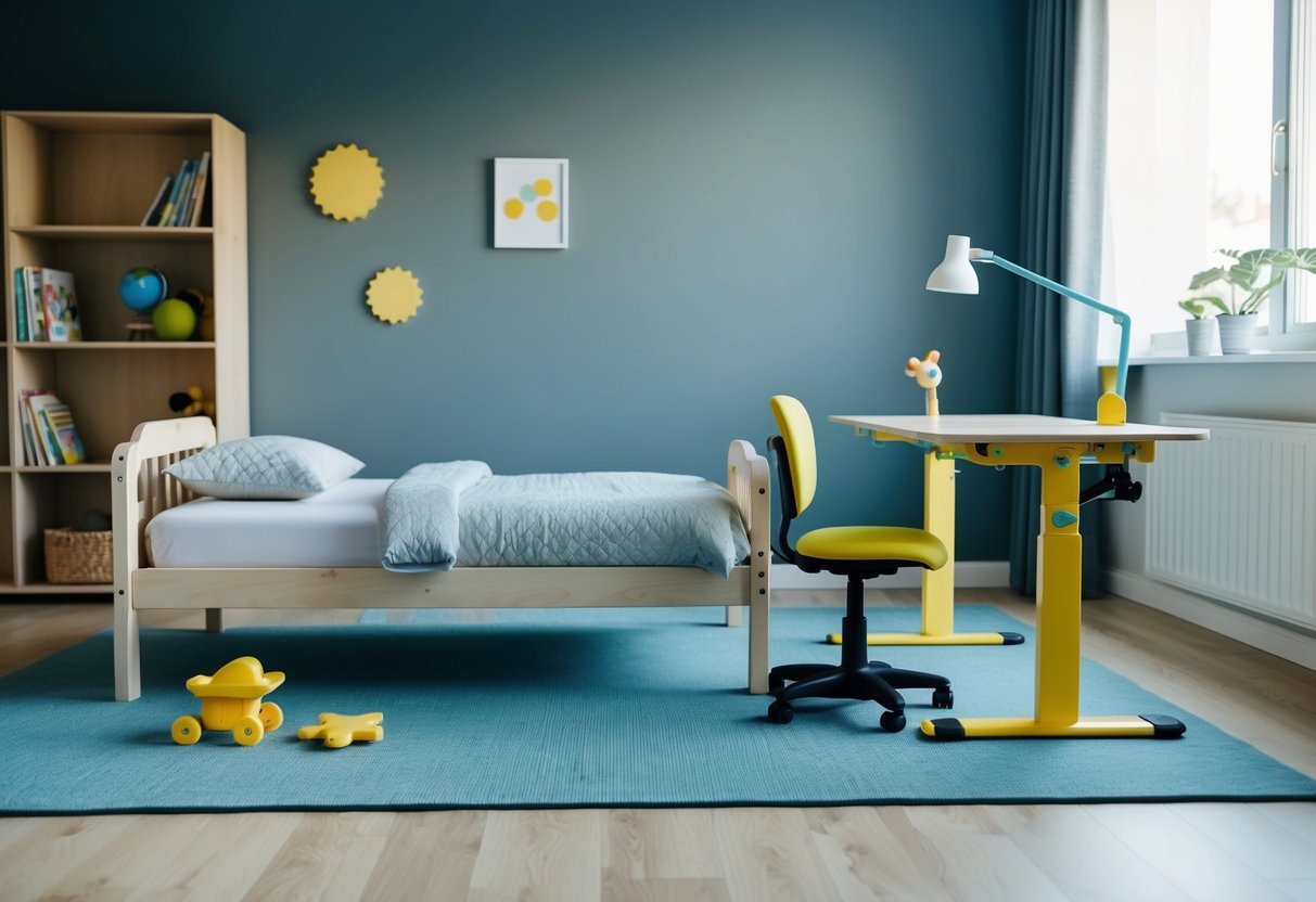 A child's room with ergonomic furniture for safety and comfort: a sturdy, low bed with soft bedding, a height-adjustable desk and chair, and plenty of open floor space for play