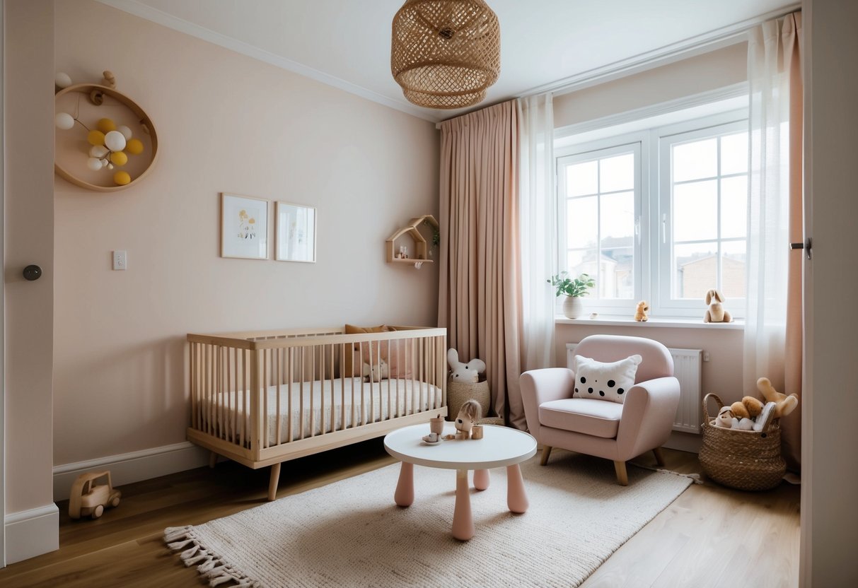 A cozy child's room with ample natural light, soft pastel colors, and child-friendly furniture. Safety features such as rounded corners and secure fixtures are incorporated for peace of mind