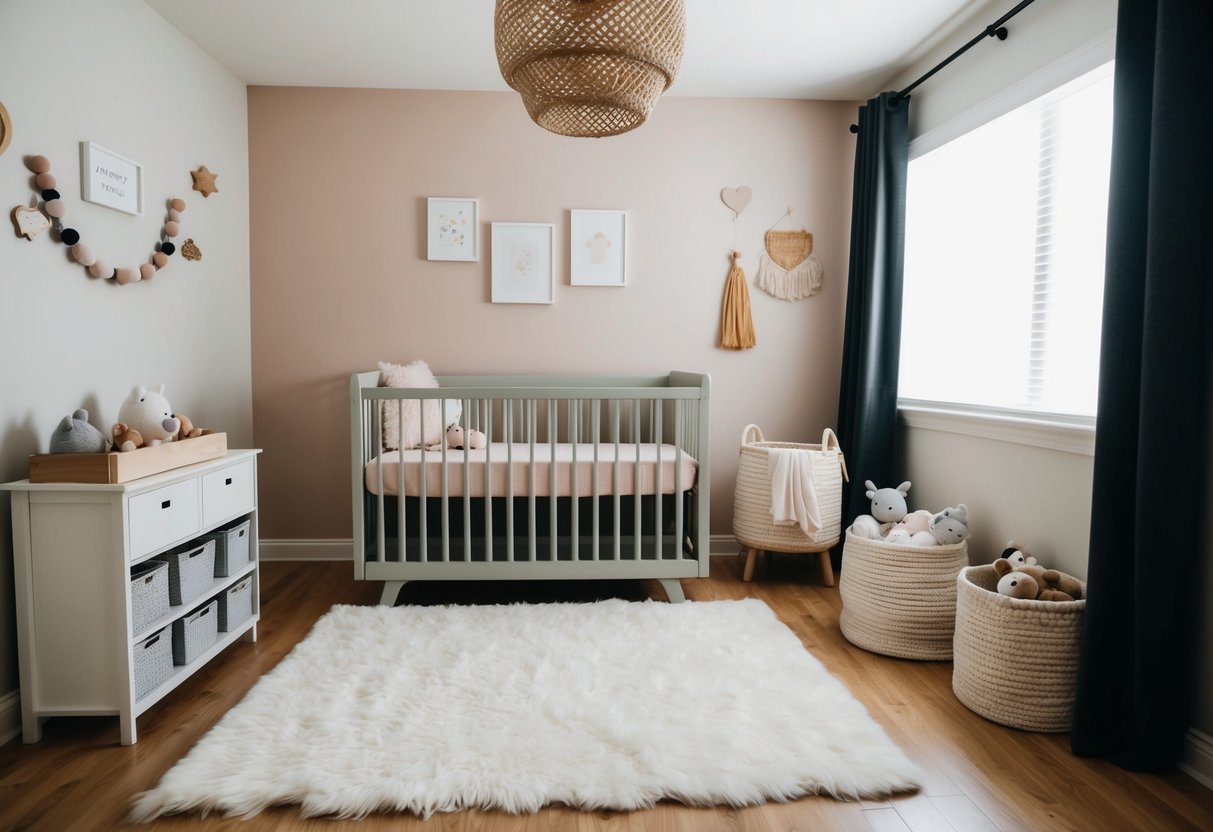 A cozy and safe child's room with soft, pastel colors, a sturdy crib, and plenty of toy storage. A fluffy rug and blackout curtains complete the comfortable and secure design