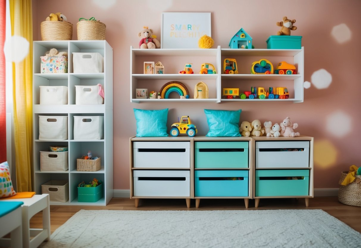 A child's room with organized shelves and toy storage. Bright colors and soft textures create a cozy and safe environment for play and learning