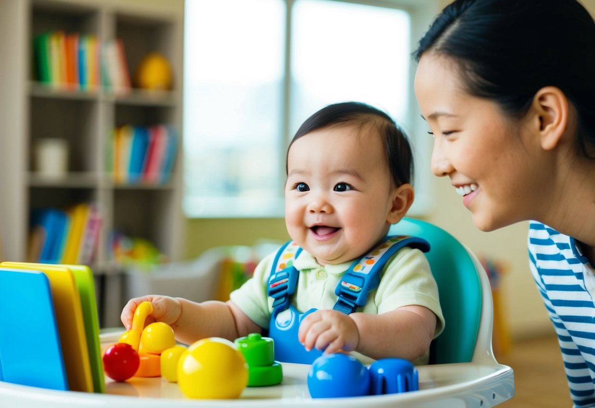 A baby sitting in a high chair, surrounded by colorful toys and books. A parent or caregiver is smiling and talking to the baby, encouraging their language development