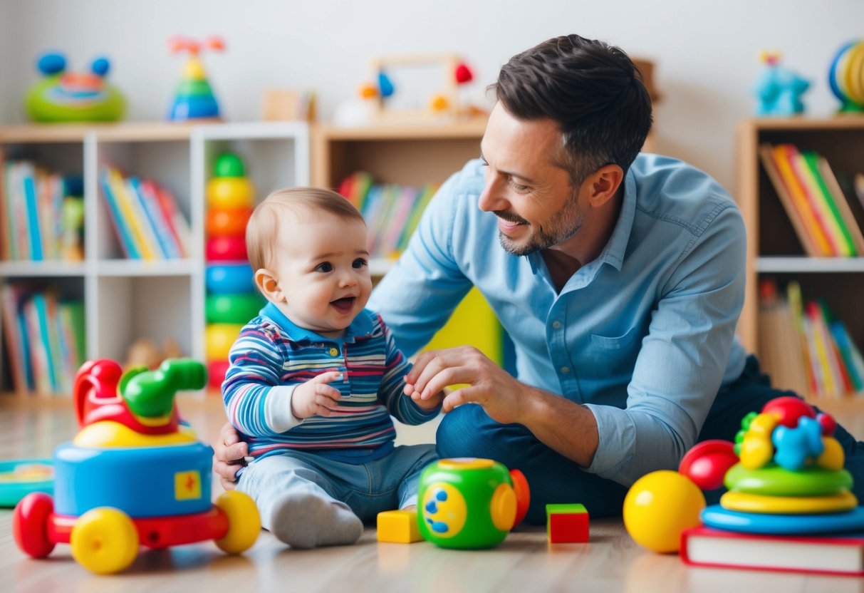 A baby's first words: a parent and child surrounded by colorful toys and books, engaging in conversation and playful interaction