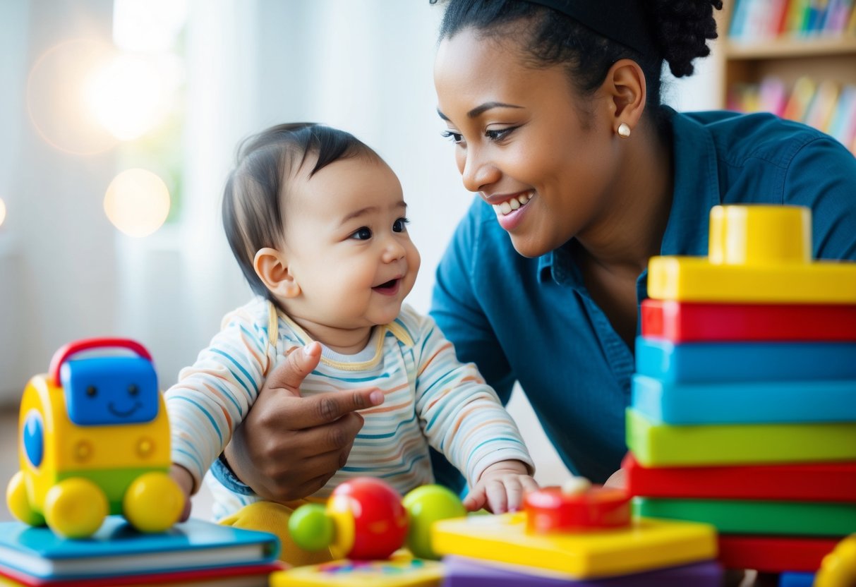 A parent smiling and talking to a baby, surrounded by colorful toys and books. The baby looks engaged and interested in the interaction