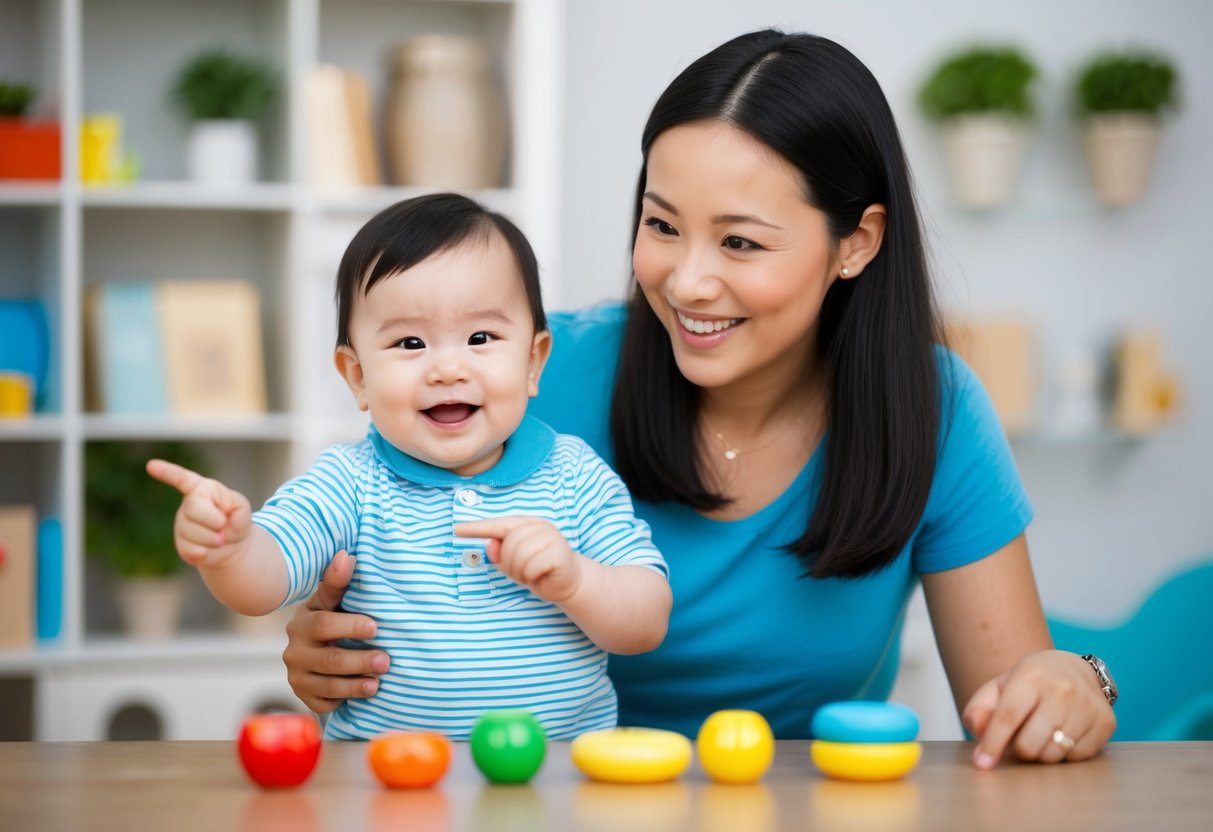 A baby's first words: a parent pointing to objects, smiling, and speaking to encourage language development