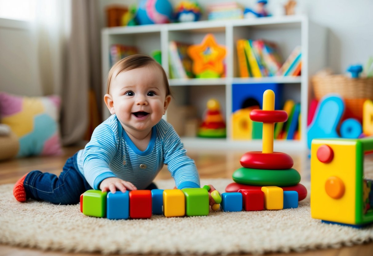 A baby's first words are encouraged by colorful toys, books, and engaging activities in a cozy and stimulating environment