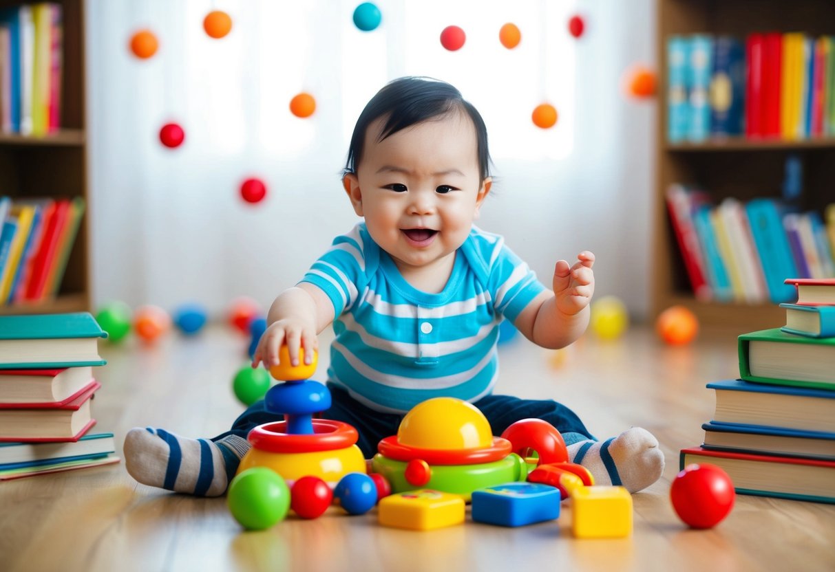 A baby playing with colorful toys while surrounded by books and listening to music