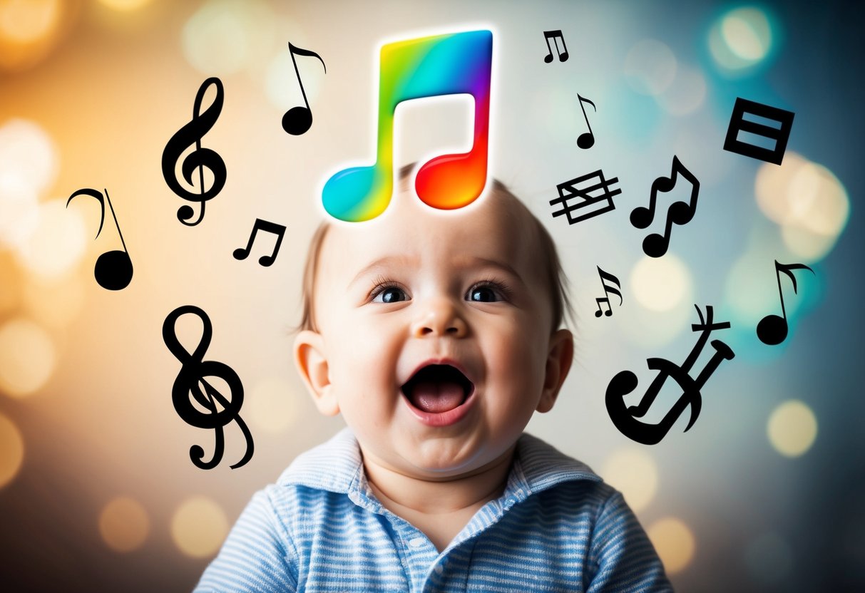 A colorful musical note floating above a baby's open mouth, surrounded by various musical instruments and rhythmic symbols