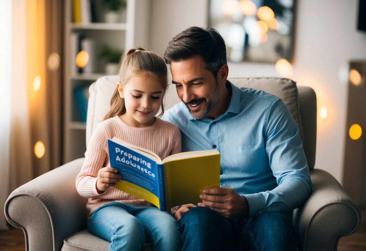 A parent and child reading a book about preparing for adolescence in a cozy, well-lit room with a comfortable chair and a warm atmosphere