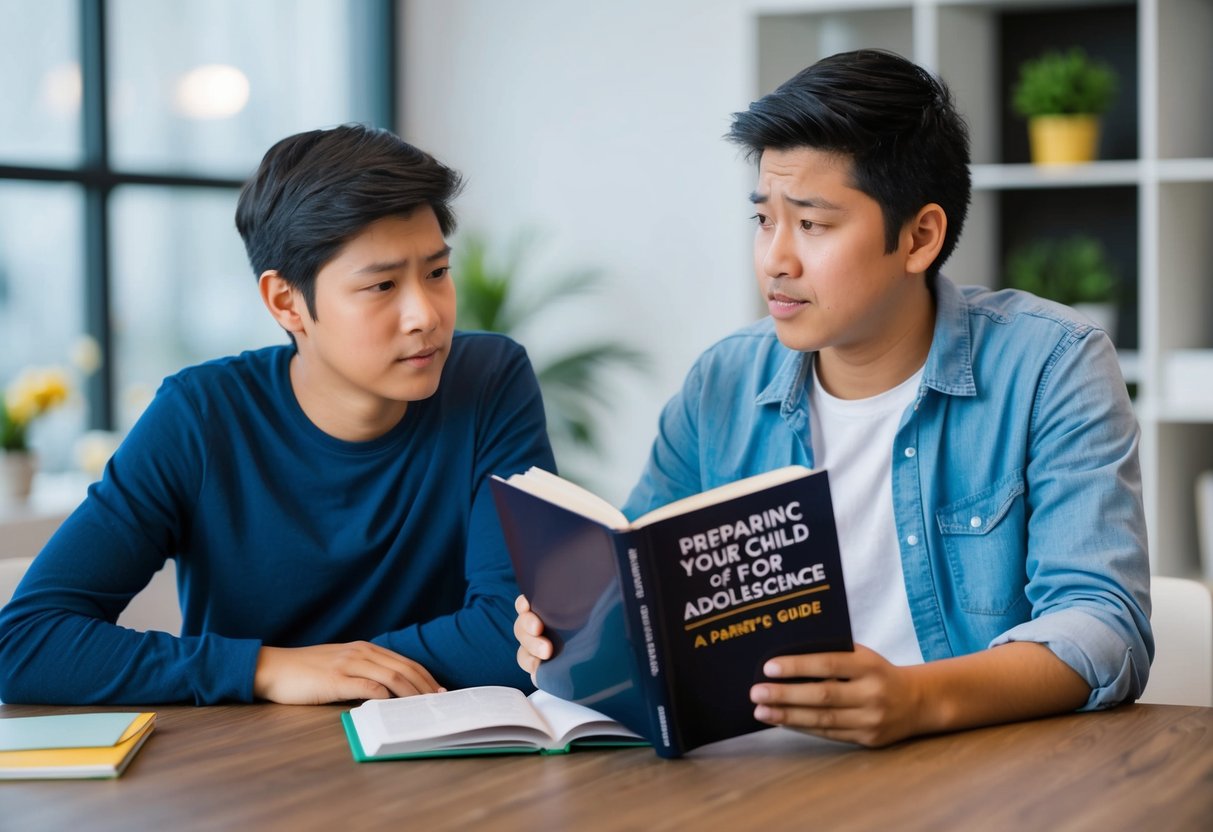 A parent and teenager sit at a table, discussing a book titled "Preparing Your Child for Adolescence: A Parent's Guide." The parent has a concerned expression while the teenager looks disinterested