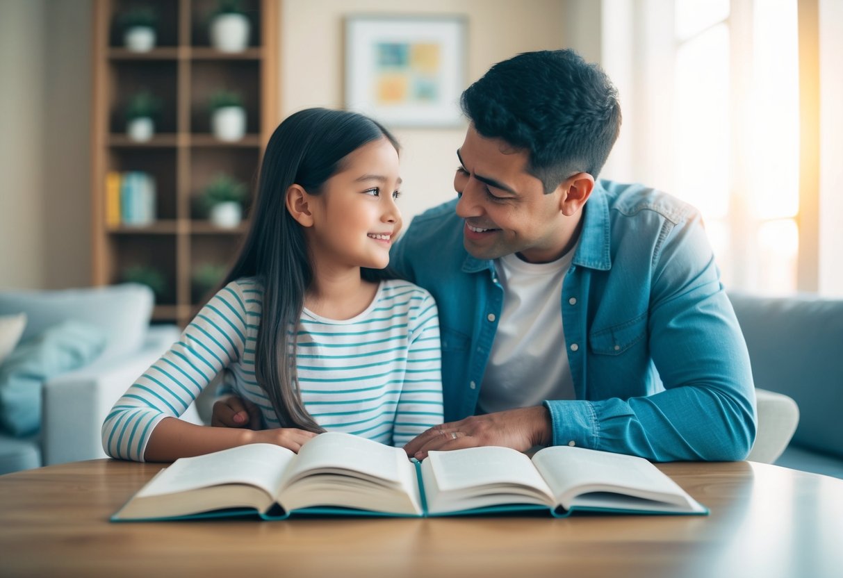 A parent and child sit at a table with a book open, discussing the transition into adolescence. The room is warm and inviting, with soft lighting and comfortable seating