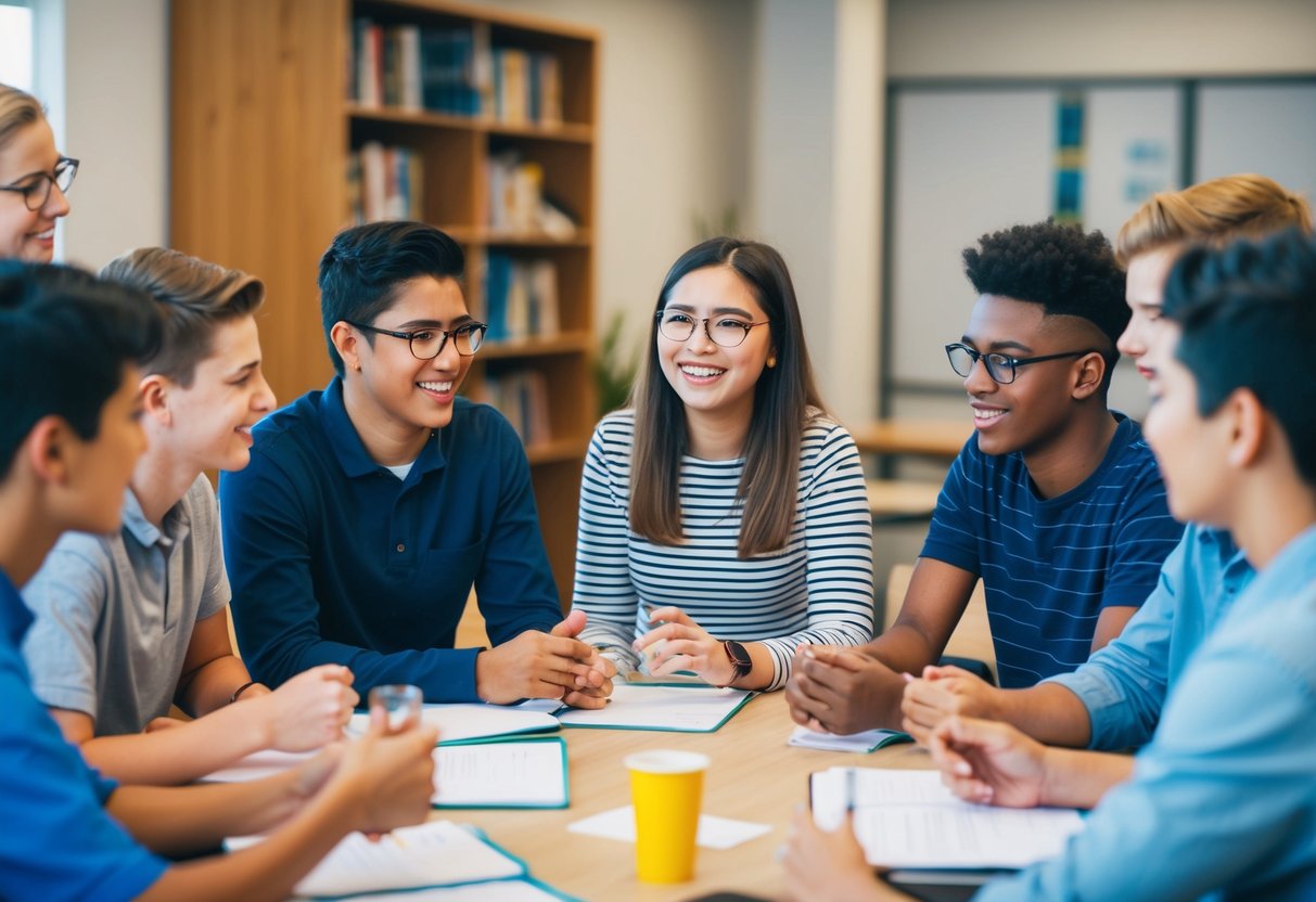 A group of adolescents engage in a lively discussion while participating in team-building activities led by a parent guide. The atmosphere is vibrant and supportive, with everyone actively participating