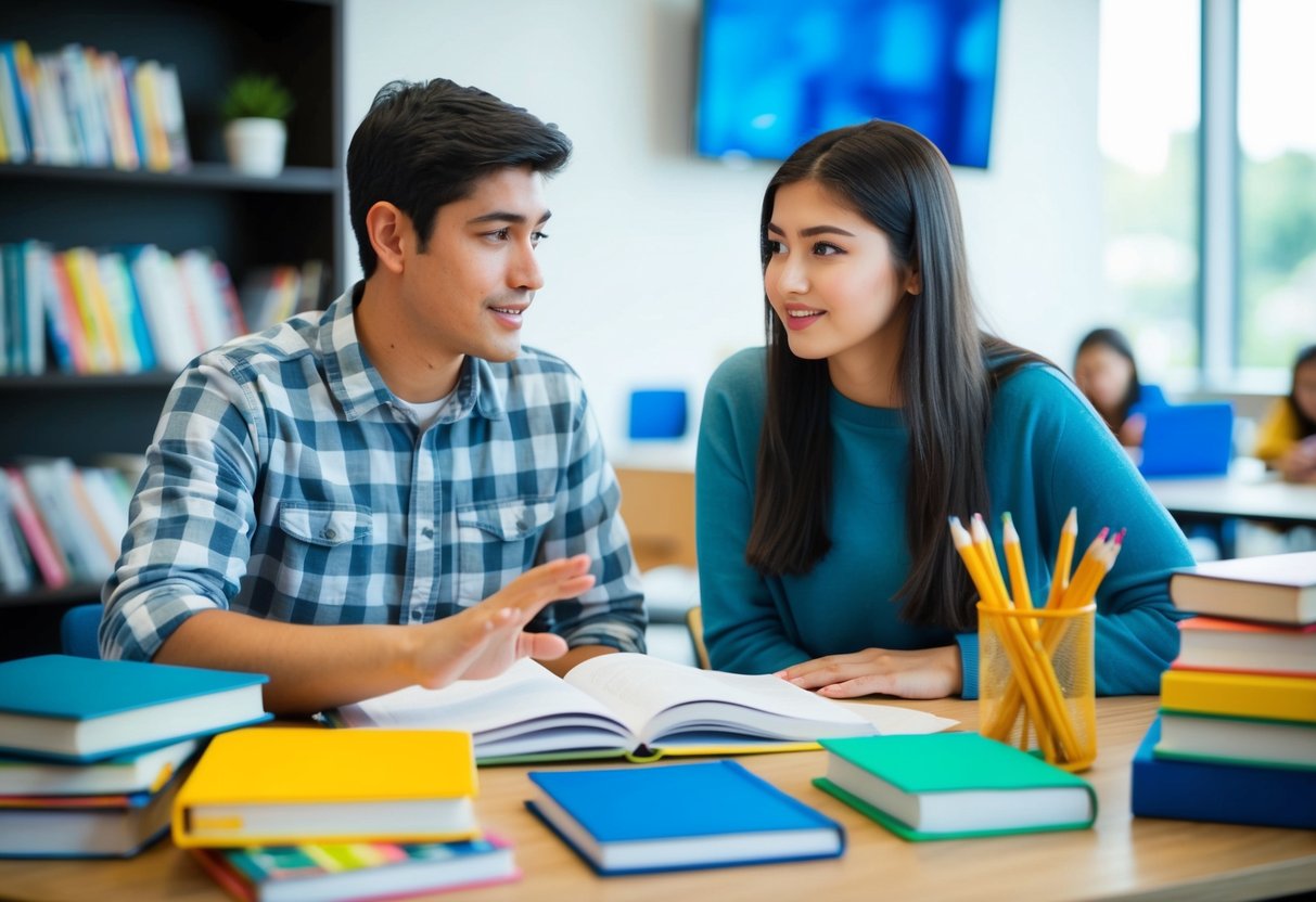 A parent and teenager sit at a table surrounded by books and school supplies. The parent is gesturing and explaining while the teenager listens attentively